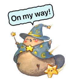 Remixed sticker: the wizard finch casting stars, with a speech bubble that says On my way!