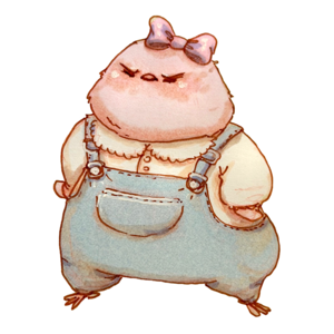 Pouting pink finch in denim overalls and a purple bow, fists clenched