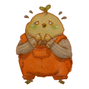 Orange finch in a knitted sweater wringing its wings, sweat drops flying
