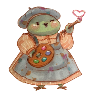 Green finch in a beret and paint-smudged smock holding a palette and a heart-tipped brush