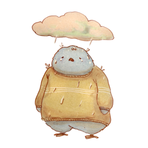 Finch in a plain yellow sweater with a small grey rain cloud parked overhead