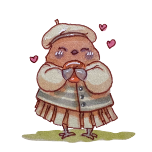 Finch in a soft cap nibbling a bagel, little hearts floating around it