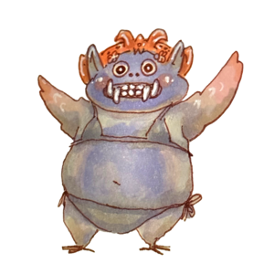 Grinning finch with wild orange hair throwing its wings up in a lavender bikini