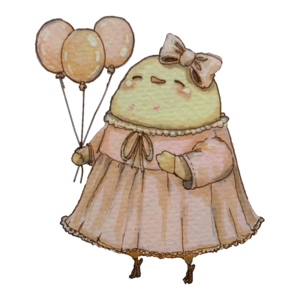 Finch in a cream dress and hair bow holding a bunch of balloons
