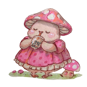 Finch in a pink mushroom-cap hat and polka-dot dress, sipping boba tea