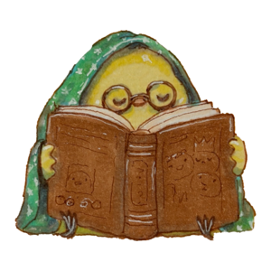 Finch tucked into a green hooded blanket, nose deep in a big brown book
