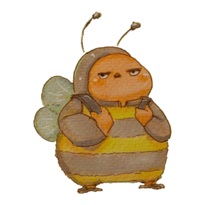 Unimpressed finch in a striped bumblebee costume with antennae and little wings