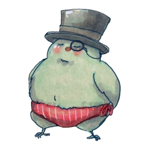 Green finch wearing nothing but a top hat, a monocle, and striped swim trunks