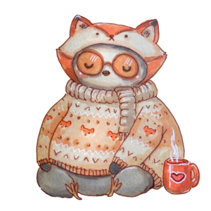 Finch in a fox hood and a patterned knit sweater, holding a red mug