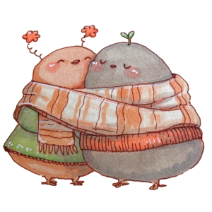 Two finches in cozy sweaters wrapped together in one big striped scarf, hugging