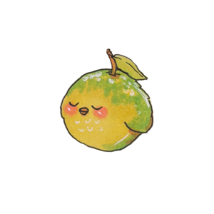 Pale green apple with a contented little face