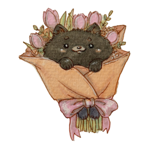 Small black cat tucked into a pink flower bouquet