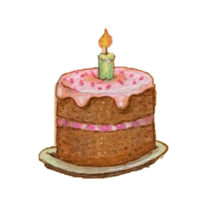 Layer cake with pink frosting and a single lit candle