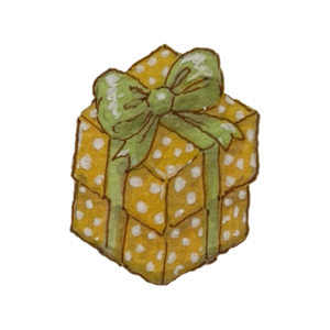Yellow polka-dot gift box with a green bow