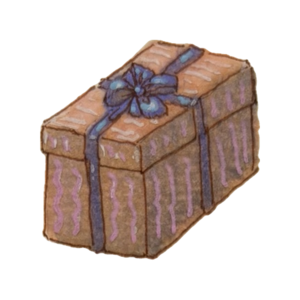 Long peach gift box tied with a blue ribbon