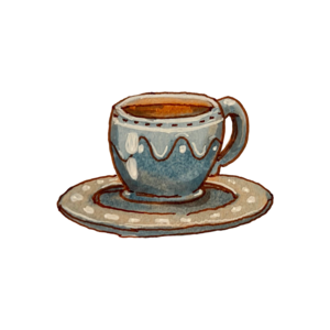 Blue teacup of tea on a polka-dot saucer