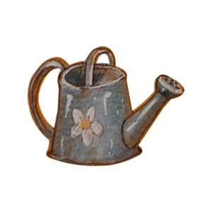 Metal watering can with a daisy painted on the side