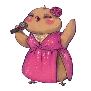 Finch in a hot pink gown with a rose, belting into a microphone
