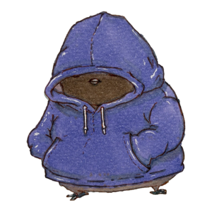 Finch hunkered deep inside an oversized blue hoodie, face lost in shadow