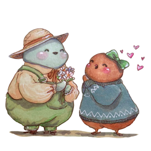 Finch in a sun hat shyly offering flowers to a blushing finch with a green bow