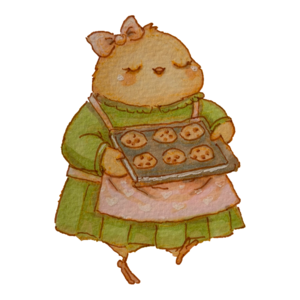 Finch in an apron and headscarf carrying a tray of warm cookies