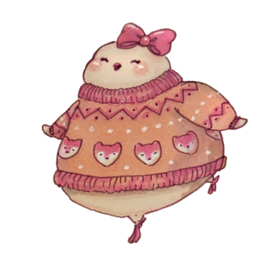 Round finch in a pink heart-patterned sweater and bow, caught mid-bounce
