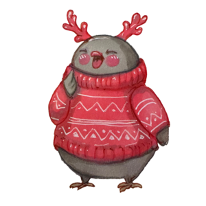 Grey finch in a red knitted sweater and red antlers, giggling behind a wing