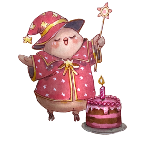 Finch in a starry magician's outfit raising a star wand over a birthday cake