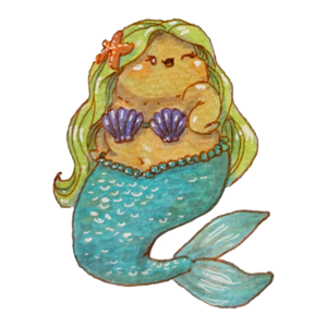Mermaid finch with long blonde hair, a shell top, and a teal fish tail