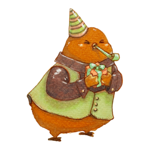Finch in a party hat and green coat holding out a small wrapped gift