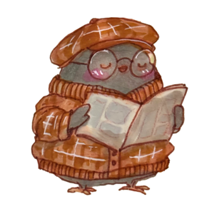 A finch in a beret and round glasses, carefully reading a newspaper