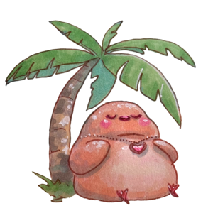 Contented round finch lounging in the shade of a little palm tree