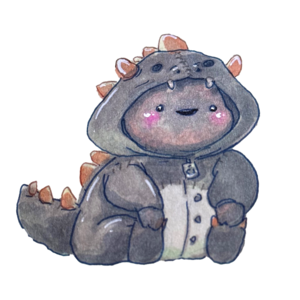 Finch curled up small inside a hooded grey dinosaur onesie