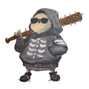 Finch in dark sunglasses and a skeleton hoodie with a bat over its shoulder