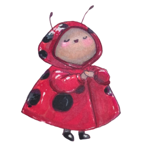 Finch in a shiny red ladybird raincoat with black spots