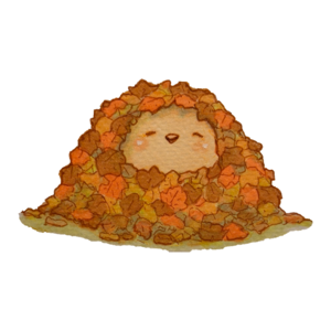 Finch peeking out happily from the middle of a big pile of autumn leaves