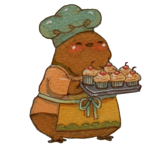 Finch in a baker's apron and green chef hat carrying a tray of fresh cupcakes