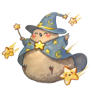 Wizard finch in a starry blue hat and cloak, waving a star-tipped wand
