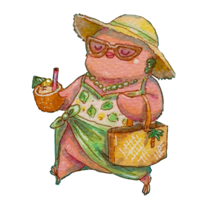 Finch in a sun hat, sunglasses, and sarong with a cocktail and a straw bag