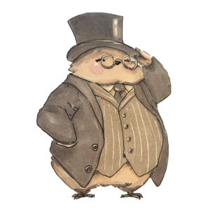Finch in a pinstripe suit, top hat, and monocle, tipping its brim