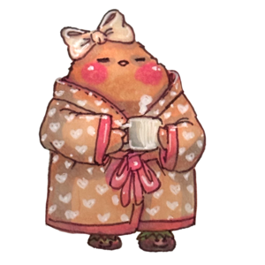 Sleepy finch in a heart-print bathrobe with a bow, clutching a mug of coffee