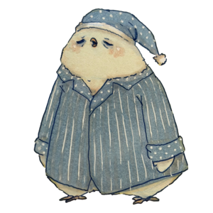 Bleary-eyed finch drooping in striped pajamas and a polka-dot nightcap