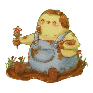 Finch in muddy overalls sitting in a puddle, proudly holding up one flower