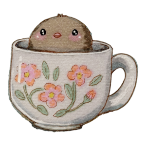 Tiny finch sitting contentedly inside a flowered china teacup