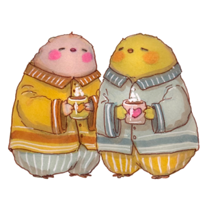 Two finches in striped pajamas and scarves sharing warm drinks side by side