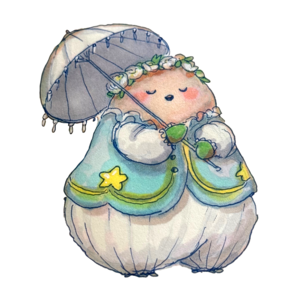 Finch in a flower crown and pale green cape, sheltering under a lace parasol