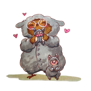 Finch in a grey sheep onesie and round glasses holding two little plush toys