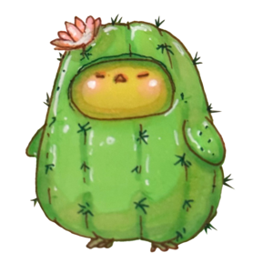 Finch in a green cactus costume with a pink flower blooming on top