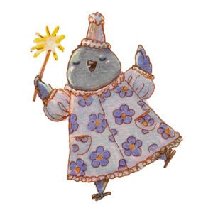 Finch in a floral dress and cone party hat waving a sparkling wand