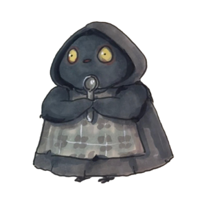 A finch in a dark hooded cloak, solemnly guarding a small spoon